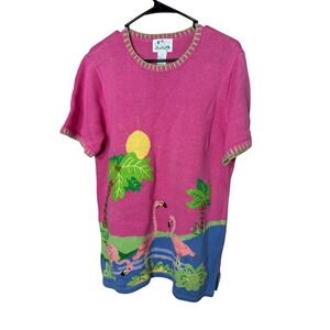 Vintage The Quaker Factory Pink Flamingo Palm Tree Sweater Tunic Top Knit‎